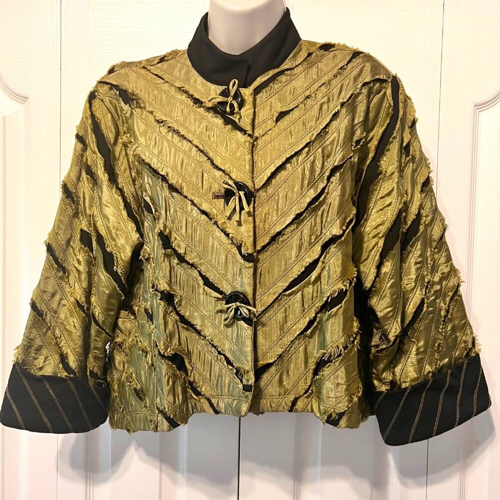 Cupcake-Vintage Silk Cropped Green/Black Jacket/Button Up Distressed-Sz/Small
